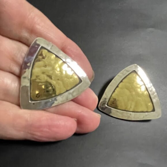 Vintage Jeep Collins Triangle Earrings Sterling Silver Brass Modernist Clip On - Picture 15 of 16